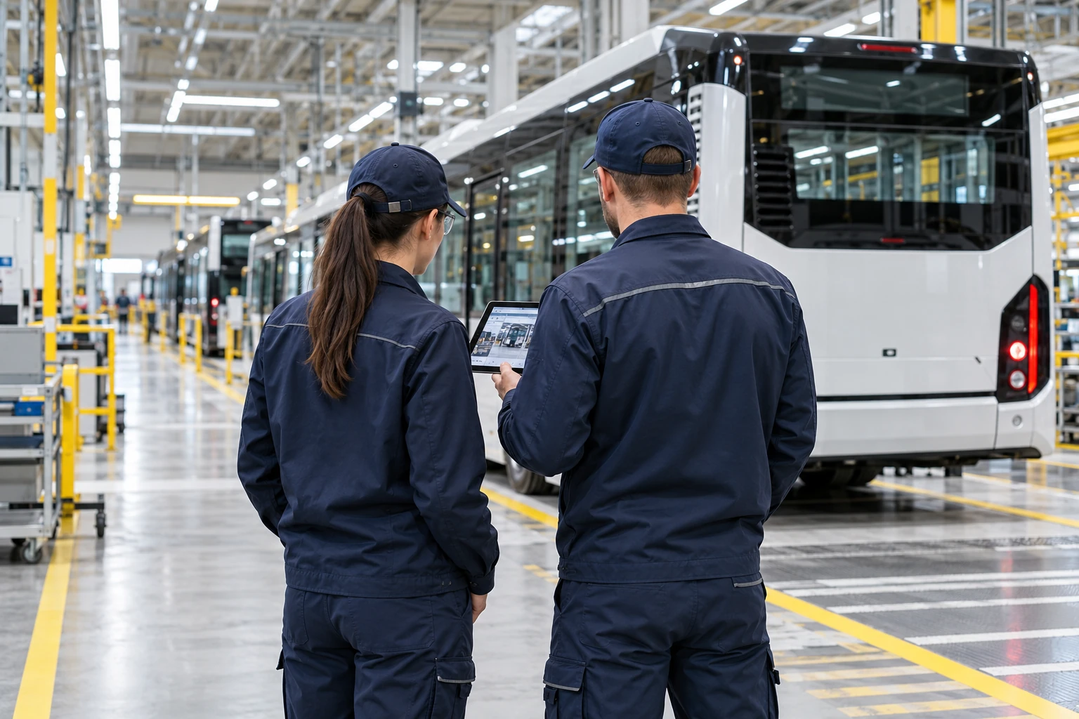 Coordinación de técnicos en una planta de fabricación de autobuses