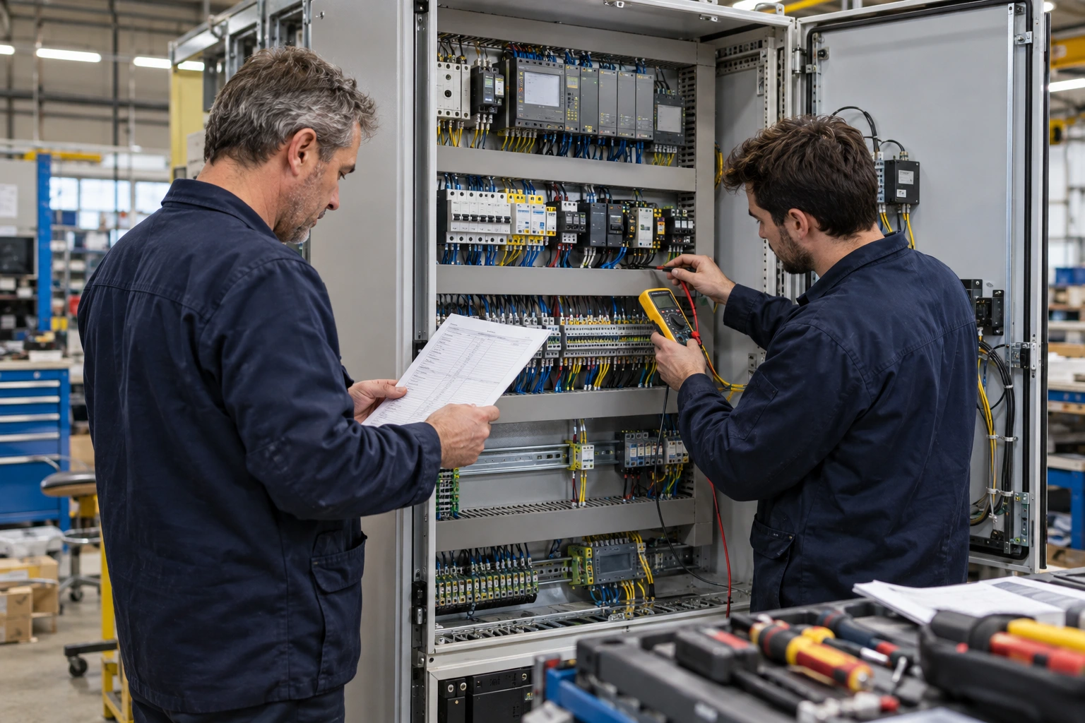 Ingenieros revisando planos eléctricos y documentación técnica